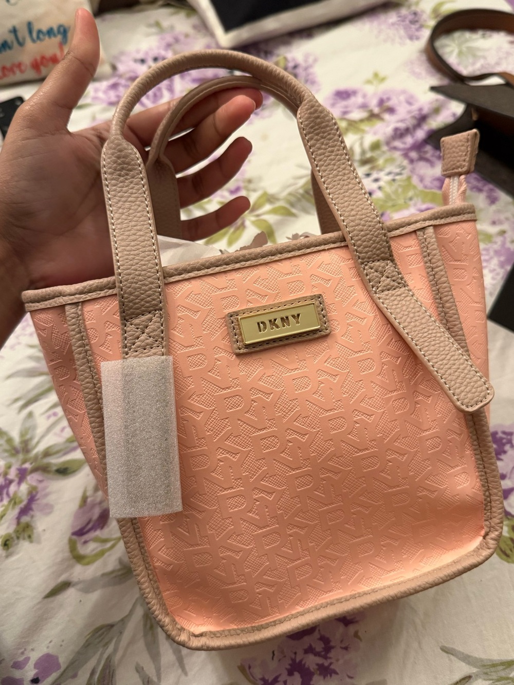 DKNY Peach Pink Mini Tote with Embossed Logo Plaque
